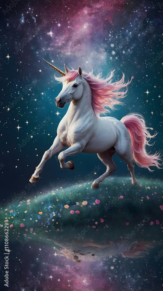 Obraz premium Enchanting Pink Unicorn with Flowers and Stars in Mystical Space Illustration