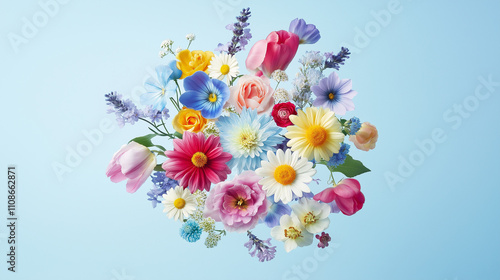 A colorful bouquet of flowers floats on a light blue background. This appears to be an image file for an upload in Adobe Stock