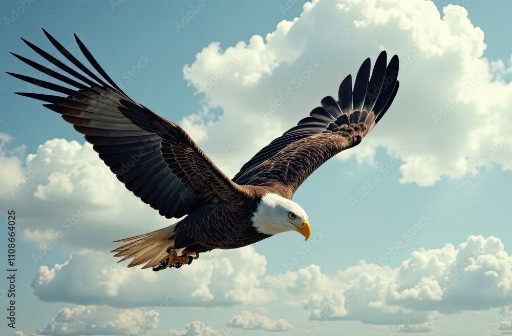 Obraz premium A bald eagle glides through a clear blue sky with fluffy clouds, showcasing its impressive wingspan and powerful presence. Generative AI