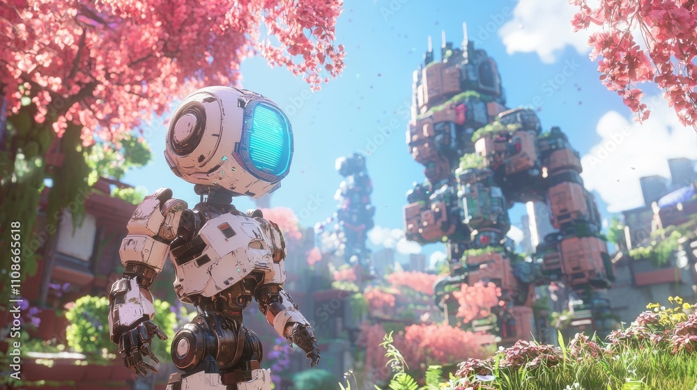 Naklejka premium Digital Friendship - A Character and Their AI Companion in the Vibrant Video Game World
