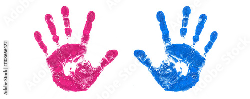 Blau Rot Handabdruck vor weissem Hintergrund