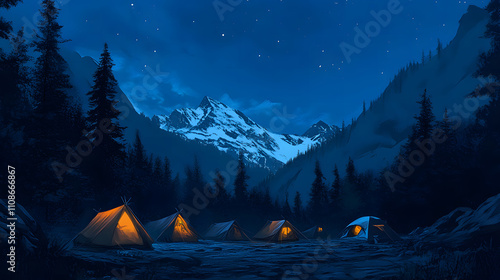 Camping in the forest. Vector illustration in flat design style. Mountain, forest and nature camping background concept photo