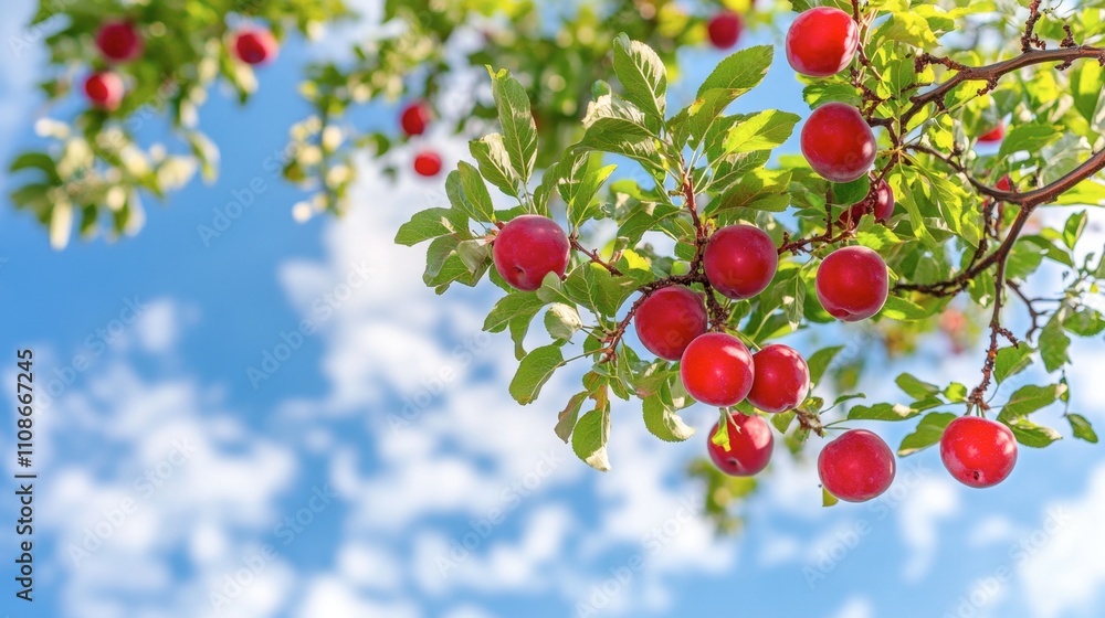 Obraz premium Bright Red Plums Hanging from Branches Under a Clear Blue Sky