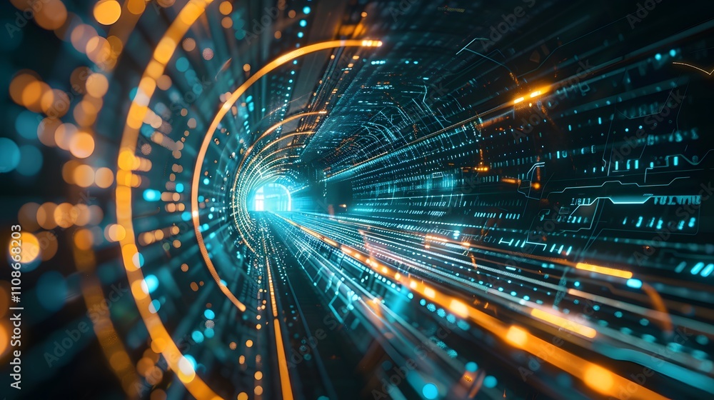Obraz premium Abstract digital tunnel glowing with vibrant lights