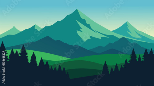 Mountain scene with rolling green grass and flourishing trees, highlighting the tranquility of the outdoors flat vector illustration natural background