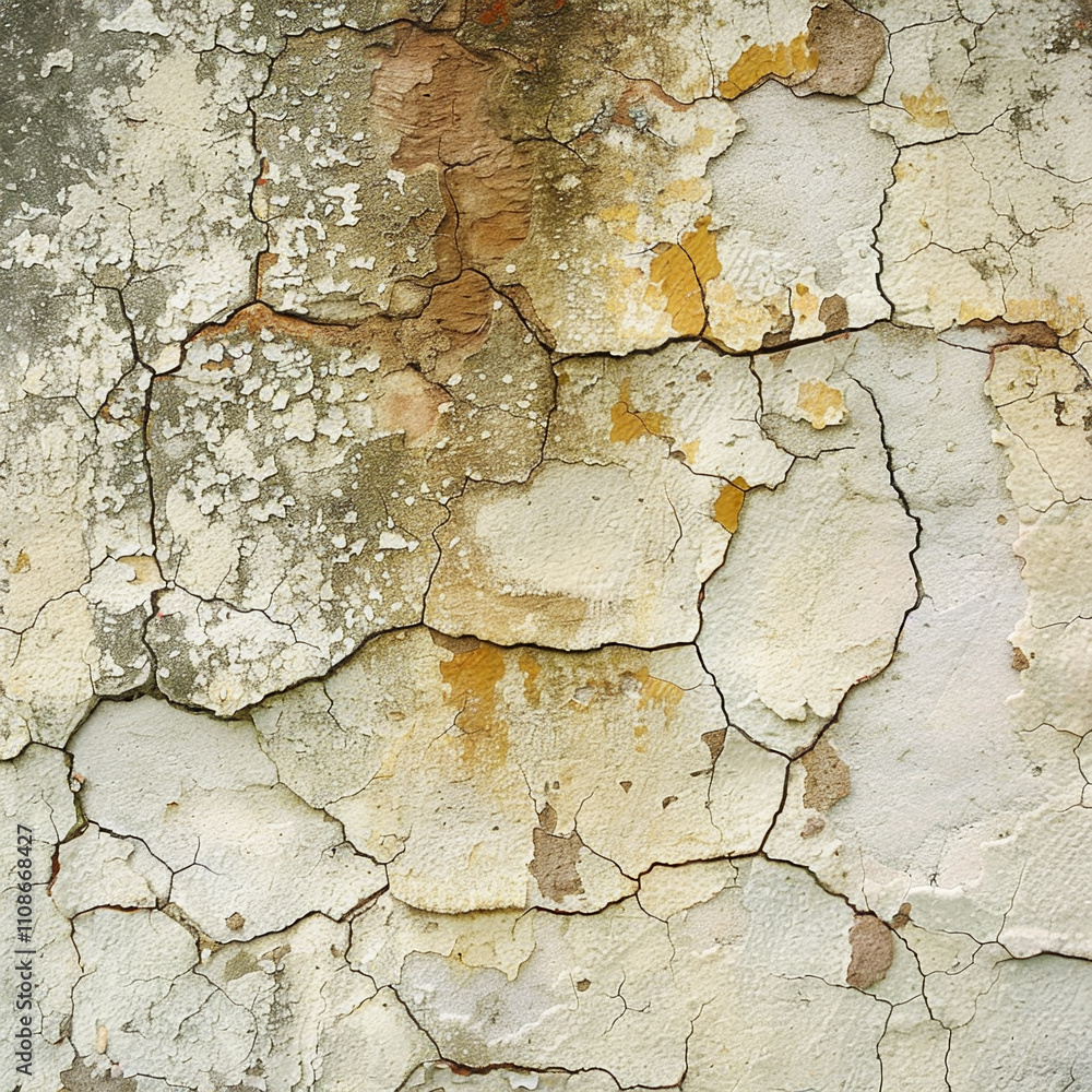 Obraz premium The surface of an aged wall reveals cracks and peeling paint, showcasing various shades of gray, brown, and cream. The texture reflects years of exposure to the elements