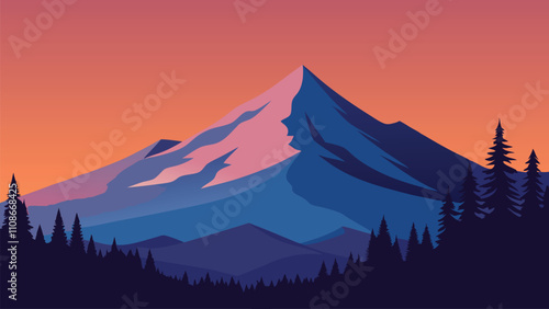 Picturesque snowy mountain scene with trees, complemented by a stunningly colorful sky flat vector illustration.