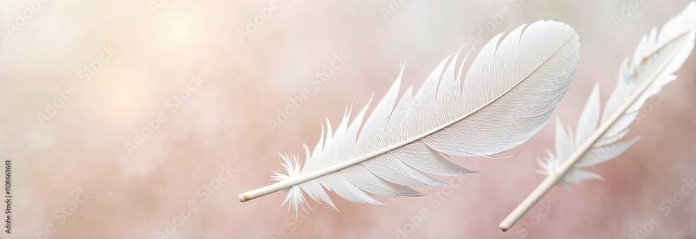 Naklejka premium Two delicate white feathers drift through the air, creating a serene and peaceful atmosphere enhanced by soft pastel colors. Generative AI