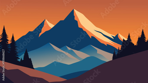 Scenic mountain landscape featuring rocks and trees prominently in the foreground, showcasing natural beauty flat vector illustration