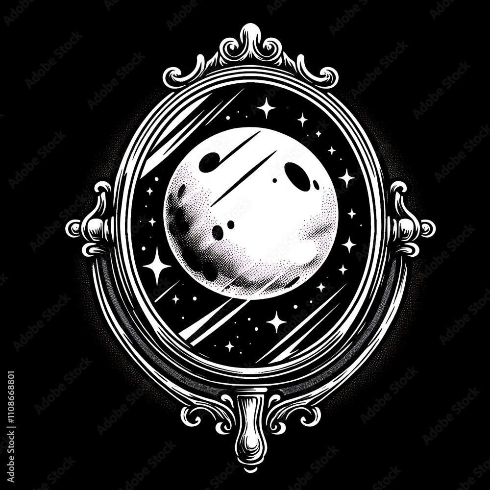 Fototapeta premium A mirror reflecting a moon in a starry space.