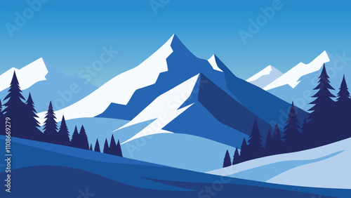  Winter scene showcasing snow covered mountains and evergreen trees flat vector illustration.