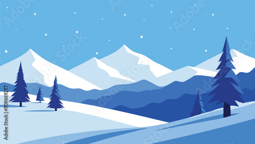 Winter landscape featuring snow covered trees under a clear blue sky, evoking a peaceful, frosty atmosphere. flat vector illustration natural background