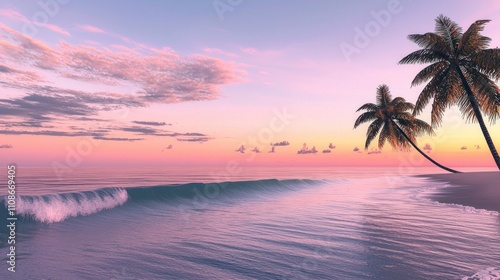 Calm Virtual Beach Oasis in AI Video Game with Sunset, Palm Trees, and Soft Waves Setting Tranquil Scene