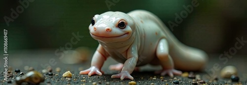 A white salamander moves gracefully over a textured surface scattered with small pebbles, surrounded by lush greenery. Generative AI photo