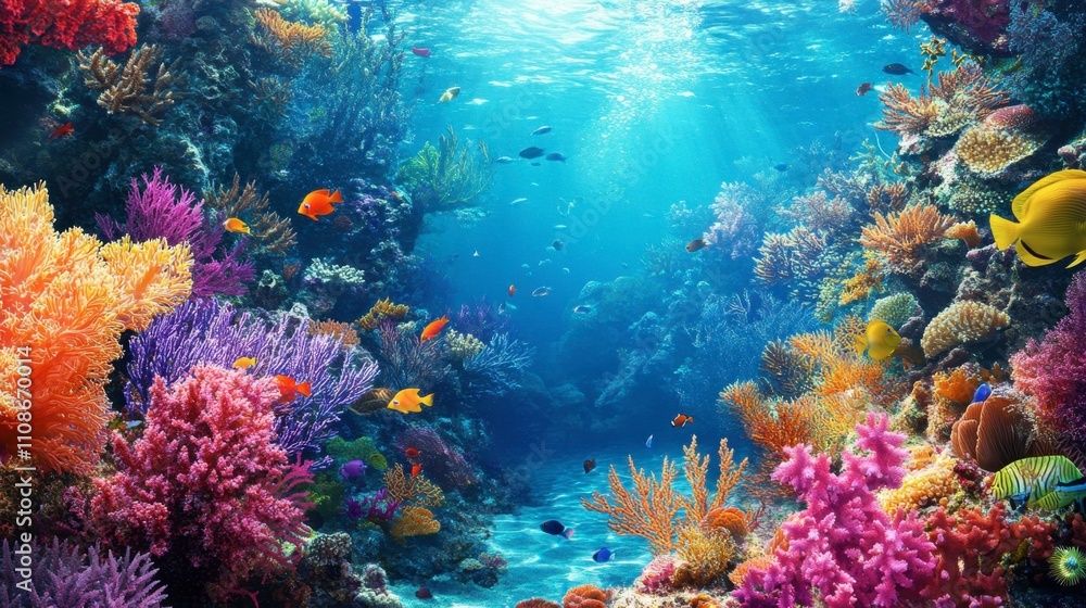 Naklejka premium Vibrant Coral Reef Scene with Colorful Fish under Blue Water