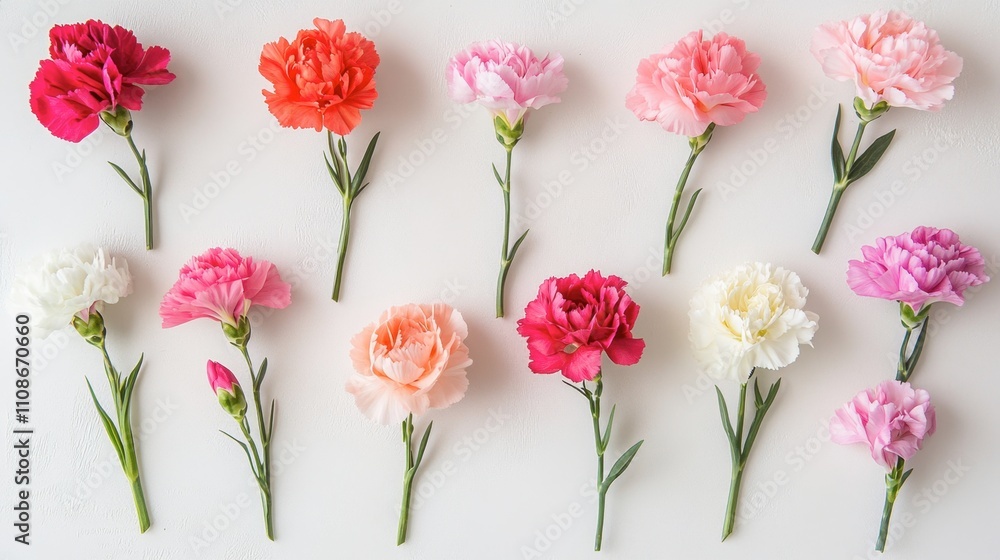 Obraz premium Colorful Carnations in Various Shades on White Background