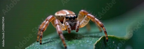 A brown jumping spider is observed on a vibrant green leaf, highlighting its unique colors and patterns in a natural environment. Generative AI photo