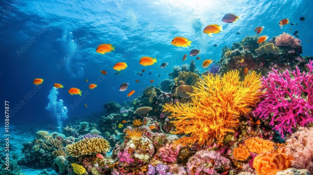 Naklejka premium Vibrant Coral Reef with Colorful Fish in Clear Blue Waters