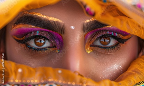 Close-up of expressive eyes adorned with vibrant makeup and fabric.