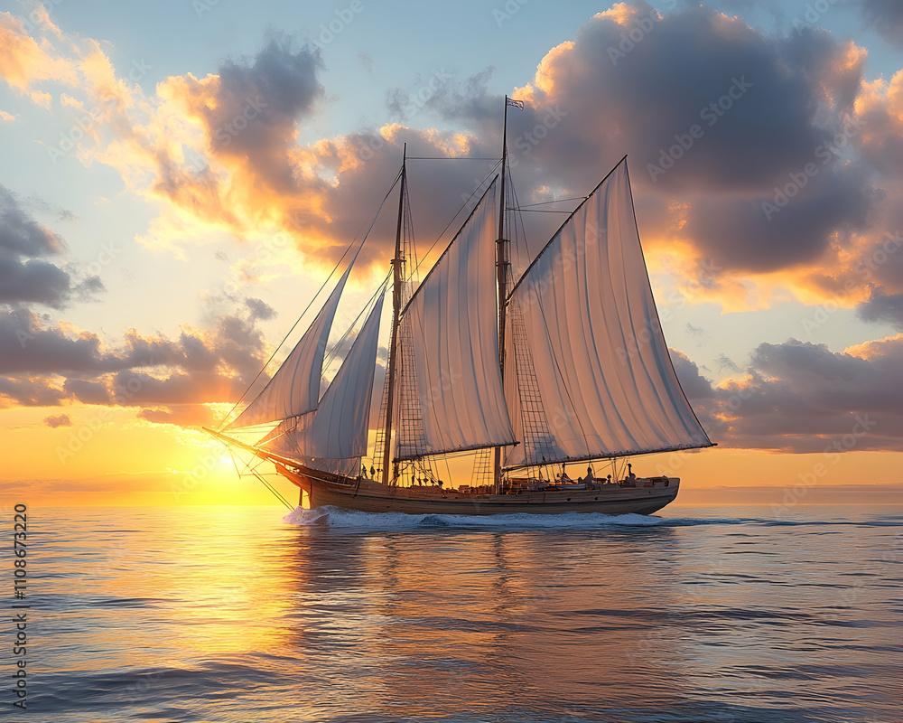 Fototapeta premium Majestic schooner sailing at sunset, ocean voyage.