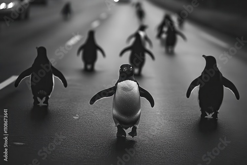 A group of playful penguins walks on the road, creating a unique scene. Their black and white plumage contrasts with the gray asphalt and blurred traffic in the background.