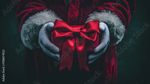 A close-up of Santa s gloved hands tying a large red ribbon on a beautifully wrapped present. photo