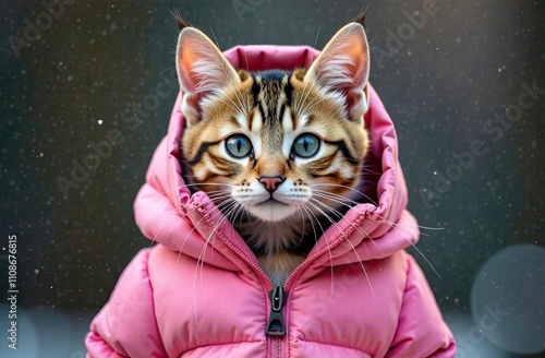 A cat with striking blue eyes is cozily dressed in a pink winter jacket, making a delightful statement outdoors in chilly weather. Generative AI photo