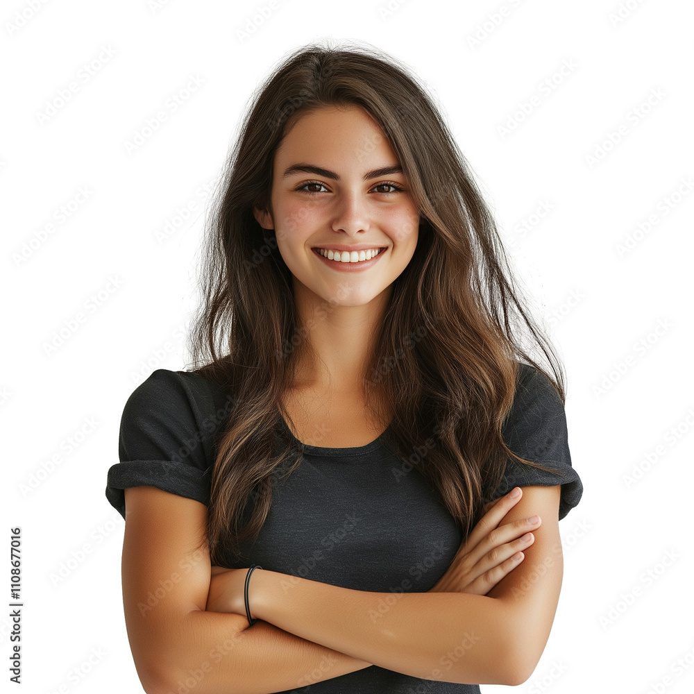 young woman in casual cloths smiling and having her arms crossed isolated on white SOLID BAckground