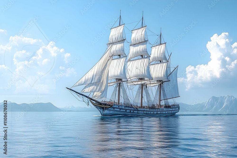 Majestic sailing ship on calm ocean under a bright sky. (1)