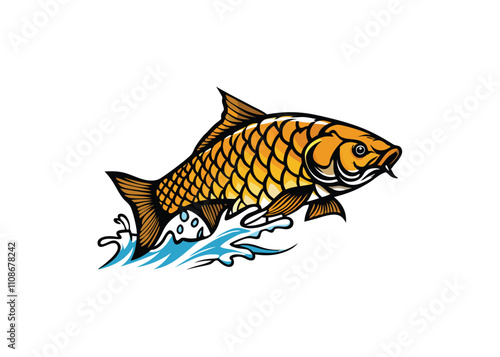 Create a vector art illustration of a golden mahseer fish, shimmering realistically under sunlight, showcasing its scales and fins.