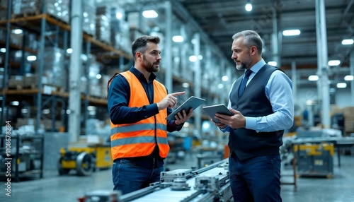 Supervisor and manager using digital tablet, discussing in a modern factory