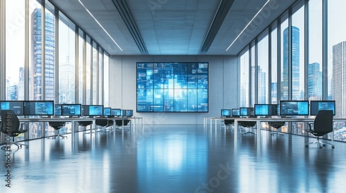 Modern office with large video wall displaying data and city view.