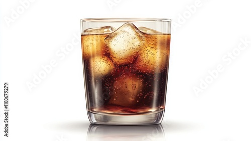 Refreshing glass of cola filled with ice cubes, served at a table on a warm summer day