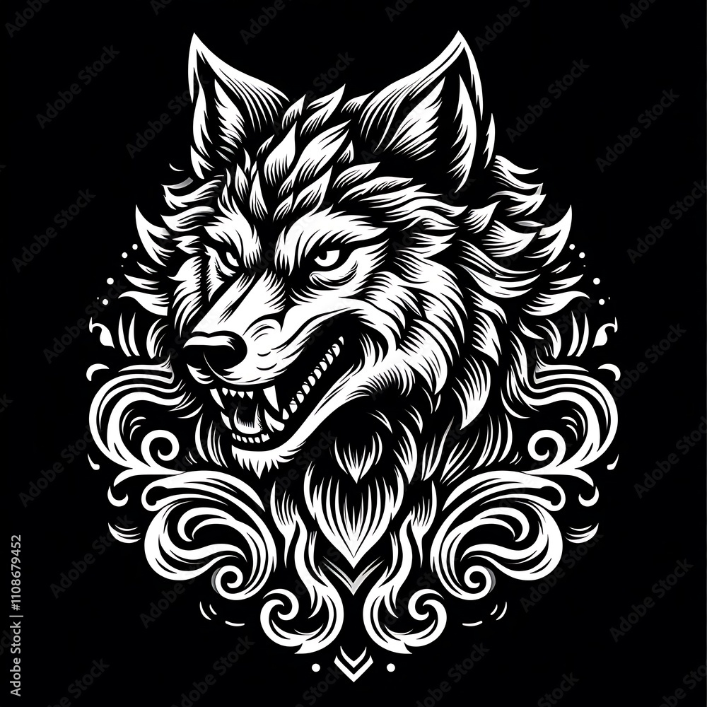 Obraz premium Stylized wolf head illustration in intricate design.