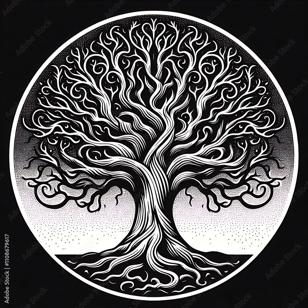 Fototapeta premium Intricate black and white tree illustration.