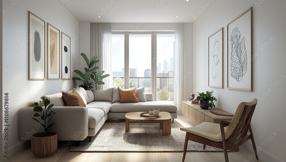 Fototapeta premium Modern Minimalist Apartment Living Room Design with City View, Neutral Tones and Natural Light