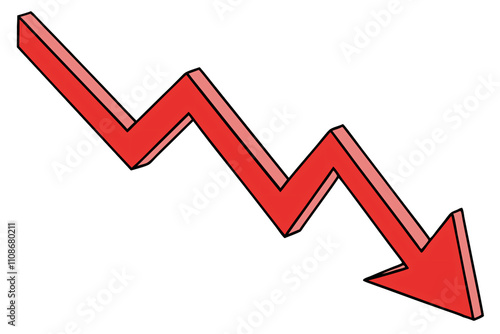 A jagged red arrow points downward, representing a sharp decline or decrease, often used to symbolize negative trends in business or data, isolated on a transparent background