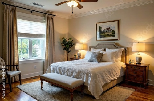 This serene bedroom is designed with soft colors and warm lighting, creating a tranquil atmosphere for relaxation. Generative AI