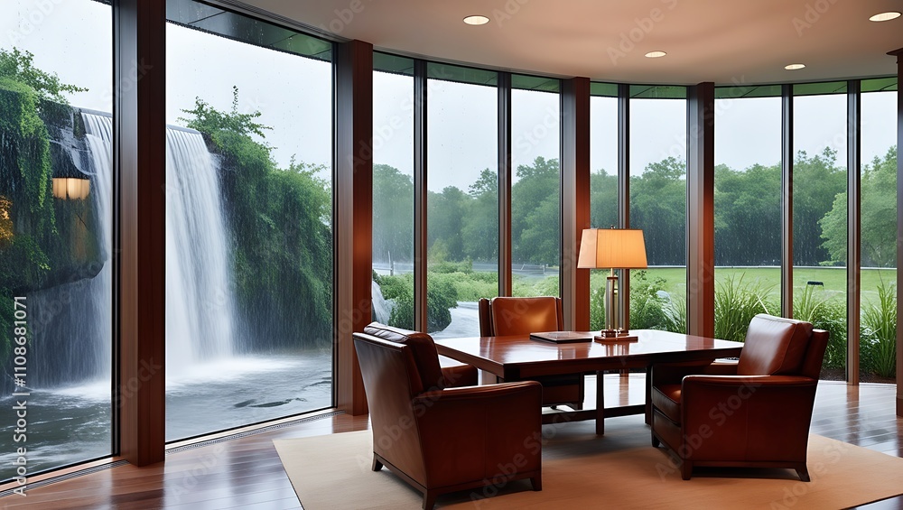 Fototapeta premium This high-definition 8K image captures the serene elegance of a modern office space designed to inspire tranquility and productivity. Floor-to-ceiling windows frame a lush waterfall cascading amidst.