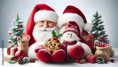 Christmas Holiday Snack and winter season food celebration as Santa and santaclaus holding a chocolate chip cookie as a seasonal new year festive spirit celebration with a sweet treat