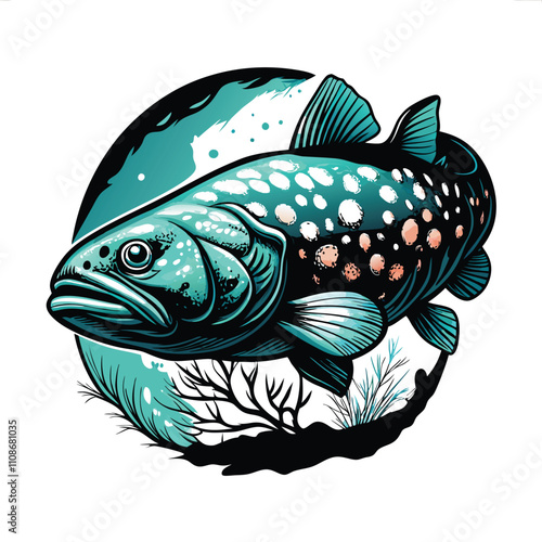 Create a photorealistic vector illustration of a Latimeria chalumnae (coelacanth), showcasing its unique lobed fins and blue-grey scales.  Include detailed textures and accurate anatomical features.