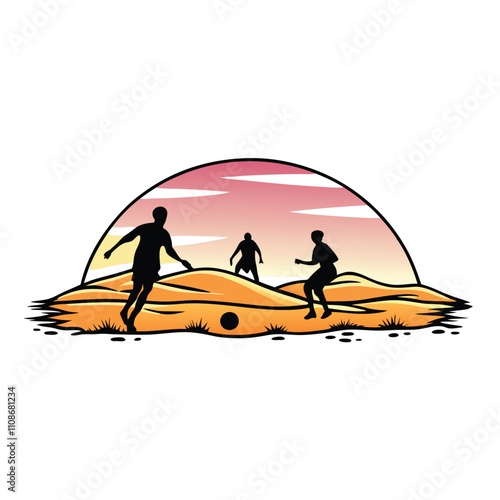 A dramatic soccer match unfolds in a sun-baked desert landscape, players in vibrant kits battling under a scorching sun.