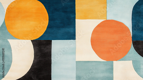 Geometric rug design featuring vibrant colors and shapes, including orange and yellow circles, blue and cream sections, creating modern and artistic look