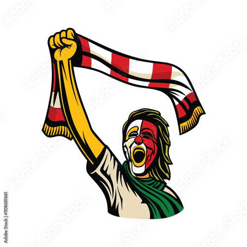 Create a stylized vector illustration of a jubilant soccer fan, wearing a face paint design, celebrating a goal.  Focus on vibrant colors and dynamic pose.