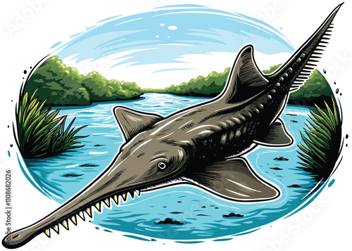 Create a precise vector illustration of a freshwater sawfish (Pristis microdon), showcasing its characteristic long rostrum and details of its body.