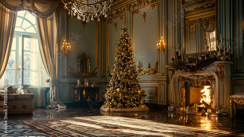 Wallpaper Mural Calm interior image: Classic New Year tree decorated in a room with a fireplace. Torontodigital.ca