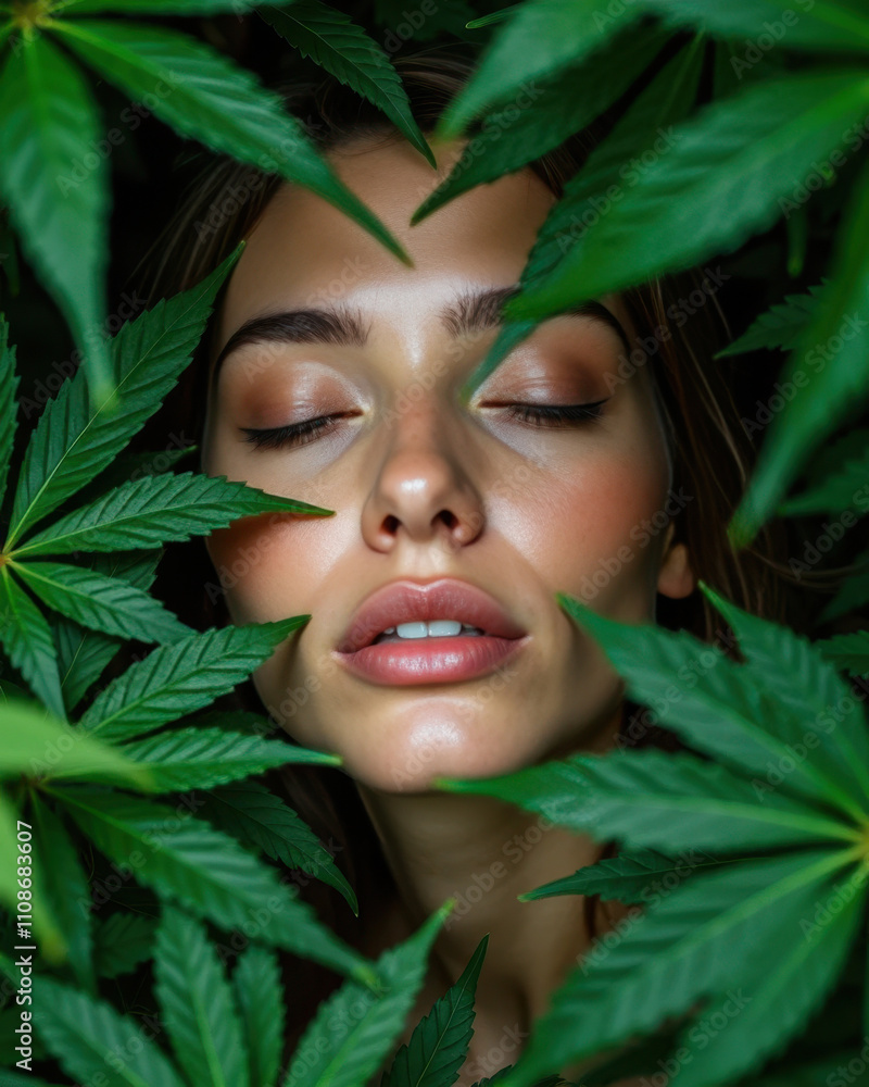 Serene woman surrounded by vibrant green cannabis leaves, evoking nature and tranquility Serene woman surrounded by vibrant green cannabis leaves, evoking nature and tranquility