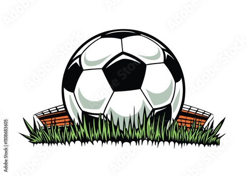 Create a detailed close-up vector illustration of a classic black and white soccer ball resting on lush green grass.  Show intricate details of the ball's texture and the blades of grass.