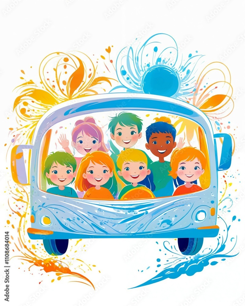 Fototapeta premium Watercolor abstract drawing of happy children playing with toy bus. Cute children riding the toy Bus. bus and kids in a white background