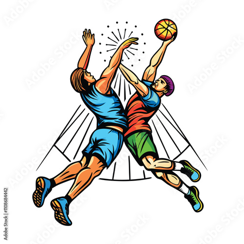 Create a dynamic vector illustration depicting a fiercely competitive sports match, showcasing intense rivalries and peak athleticism.  Focus on expressive body language and dynamic poses.